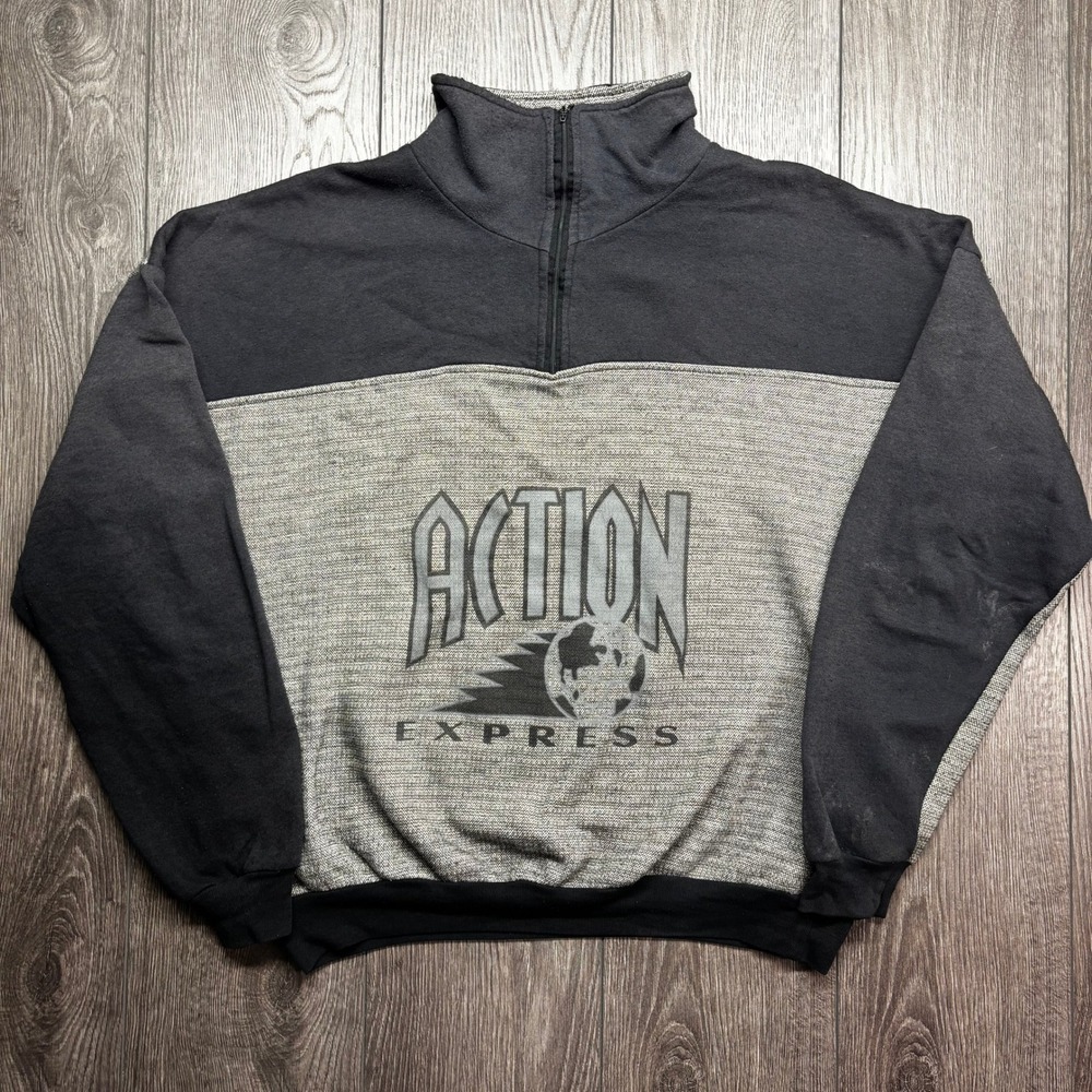 Vintage Action Express Quarter Zip Sweatshirt Black Grey Colorblock Graphic XL